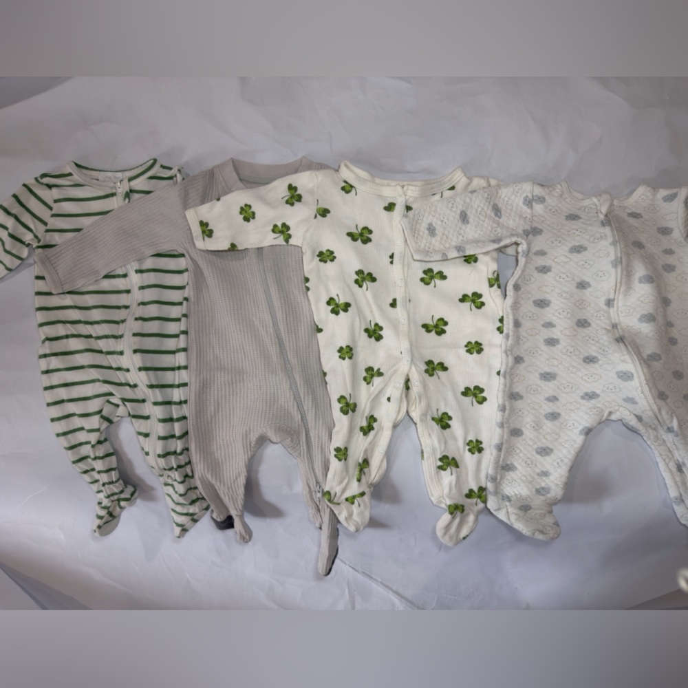 Bundle 4 Baby Footed Pajamas Set in Green, Cream, Gray